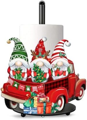 Christmas Paper Towel Holder, Gnome Red Truck Christmas Decorations Indoor Metal Paper Towel Holders for Kitchen Countertop Bathroom Home, Christmas Decor Gnome Gifts for Women Men 6.7x6.7x13.4 inch