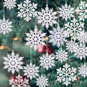 Christmas Snowflake Ornaments Glitter Snowflake Decorations for Winter Wonderland Christmas Tree Decorations White Plastic Snow Flakes 36PCS