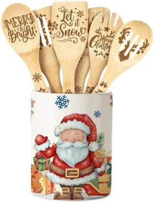 Christmas Utensil Holder Ceramic with 6 PCS Cooking Utensil, Christmas Women Gifts Santa Claus Cooking Utensil Crock Holder for Kitchen Counter Decorations Countertop Spatula Utensil Storage Organizer