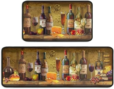 CocoBelin Wine Kitchen Mat Set 2 Pieces,Cushioned and Rugs,Kitchen Standing Retro Rug Waterproof Non Slip Runner for Laundry,Wine Decorations 17x30+17x47inch