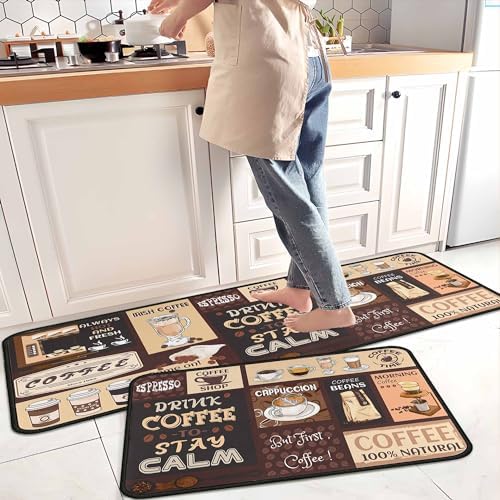 Coffee Kitchen Rugs and Mats Non-Slip, Washable, Stain and Fade Resistant, Suitable for Kitchen Mat Set of 2 Coffee Kitchen Decor 17" x47"+17"x30"