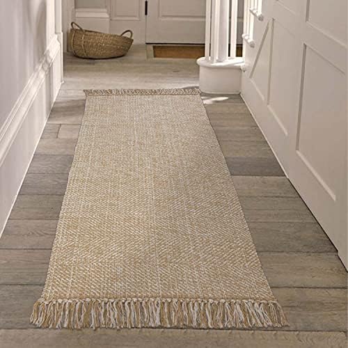 Collive Hallway Runner Rug, 2' x 5' Soft Washable Tan Contemporary Modern Laundry Room Indoor Hand-Woven Cotton Carpet for Bedroom Entryway Front Door Farmhouse Kitchen