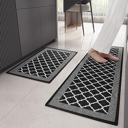 Color G Kitchen Rugs Mats Sets of 2, Non Skid Washable Kitchen Runner Rug for Floor, Front of Sink, Laundry Room, Non Slip Absorbent Rug and Mat Set, 17"x29"+17"x59", Black