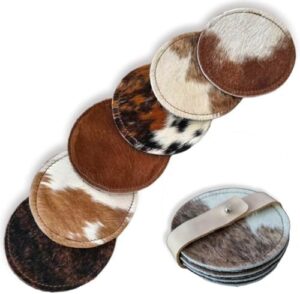 Cowhide Coasters for Drinks Set of 6, Absorbent Leather Hair-On, 4" with Leather Holder