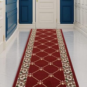 CreativeDeco Custom Made Runner Rug Low Pile with Rubber Backing for Kitchen Foyer Hallway Entry Choose Your Length Size 26 Inch Wide Fleur De Lis French Design Red Color (11 feet x 26 inch)