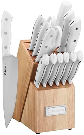 Cuisinart 15-Piece Knife Set with Block, High Carbon Stainless Steel, Forged Triple Rivet, White, C77WTR-15P