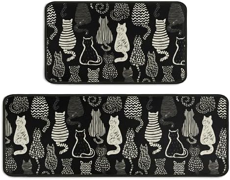 Cute Black Cat Kitchen Mats Set of 2, Non-Slip Washable Cat Kitchen Mats, Funny Black Cat Rugs for Kitchen, Sink, Laundry Room, Bathroom, Home Decoration, Gift for Cat Lovers, 17x30+17x47In