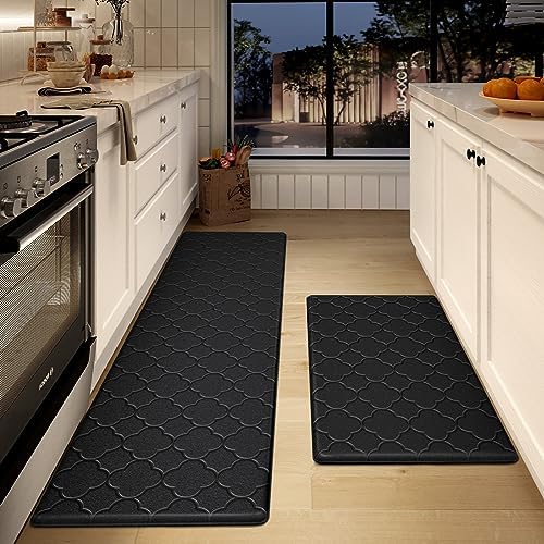 DEXI Kitchen Rugs Anti Fatigue Mats for Floor Cushioned Runner Rug Non Skid Comfort Foam Standing Mat for Office, Sink, 2 Pieces Set 17"x29"+17"x59", Black