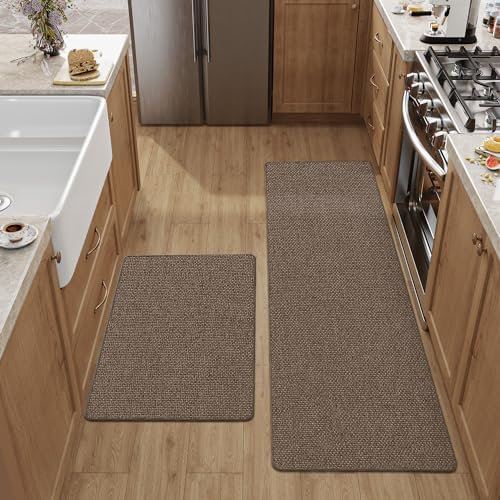 DEXI Kitchen Rugs and Mats Non Skid Washable, Absorbent Kitchen Mats for Floor, Comfort Standing Mat Runner Rug Set for Kitchen, Front of Sink, Laundry Room, 17"x29"+17"x59", Brown