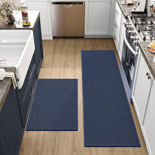 DEXI Kitchen Rugs and Mats Non Slip Washable, Absorbent Kitchen Mats, Woven Kitchen Runner Rug, Kitchen Floor Mats for Front of Sink, Laundry Room, Hallway, 17"x29"+17"x59", Navy