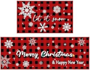 DOZARMOTA 2 Piece Christmas Kitchen Rug Set, Merry Christmas Kitchen Decor Non-Slip Floor Mat, Washable Microfiber Kitchen Carpet 17x47+17x30 Inches