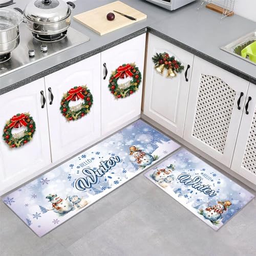 Dagelar Winter Snowman Kitchen Rugs, Non Slip Anti Fatigue Kitchen Mat Set of 2, Snowflakes Blue Washable Kitchen Floor Mat for Christmas Xmas Holiday Kitchen Laundry Room Home Decor(17x47+17x30)