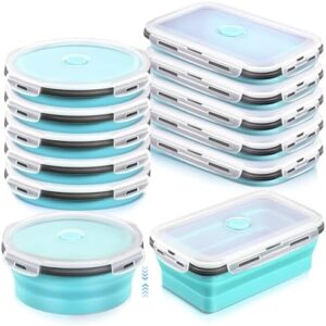 Dandat 10 Pcs 27 oz Large Silicone Collapsible Food Storage Containers with Airtight Lids Stacking Meal Lunch Containers for Kitchen, Travel, Microwave Freezer Dishwasher Safe(Grey, Blue)