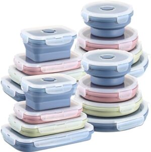 Dandat 16 Pcs Collapsible Food Storage, Silicone Food Storage Containers with Lids Including 8 Round Bowls, 8 Rectangle Bowls Collapsible Freezer Bowls Sets for Dishwasher (Blue, Pink, Green)