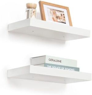 Deep Floating Shelves - 16" W x 9" D x 1.6" H Rustic White Wall Shelf - Wall Mounted Shelves for Decor & Storage - Wooden Shelves with Invisible Brackets for Living Room, Kitchen, Farmhouse - Set of 2