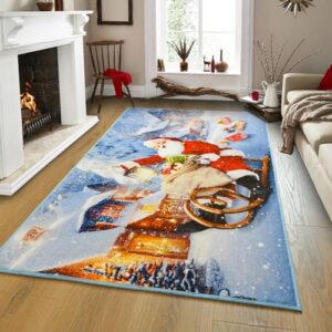 Deerhoo Christmas Rugs Indoor Large Area Rug for Living Room Floor Carpet for Bedroom, Non-Slip Washable Throw Rugs with Rubber Backing Decorative Blue Santa Rug for Kitchen Fireplace Decor 3 x 5 Ft