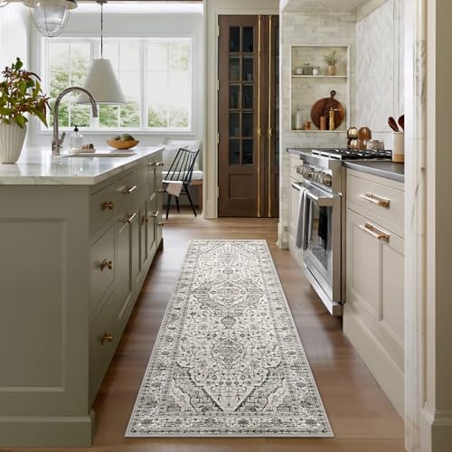 Deerly 2x7 Runner Rugs - Washable Kitchen Rugs with Non Slip Backing, Non-Shedding Cream Runners Rug for Hallways Boho Vintage Long Rug for Bedroom(Border Cream 2x7)