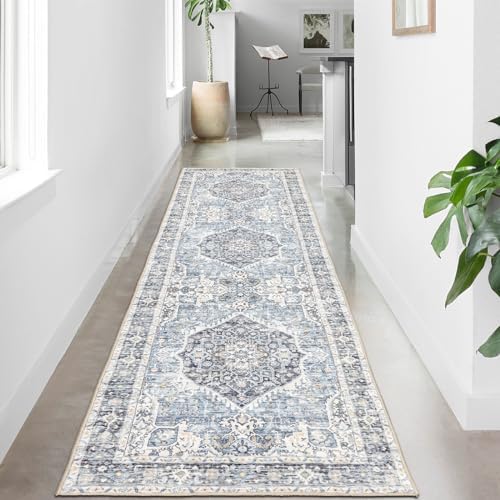 Domitapis Runner Rug 2×8, Vintage Boho Rug,Ultra-Soft Low Pile, Washable, Non Slip,Stain Resistant Capet for Living Room Bedrooms Playroom Office Kitchen, Sky Blue