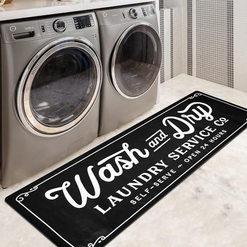 EARTHALL Laundry Room Rug, Non-Slip Waterproof Laundry Rug, Laundry Room Runner,Farmhouse Laundry Room Decor and Accessories, Kitchen Laundry Mat Rug Non Slip Washable,Black,24"x60"