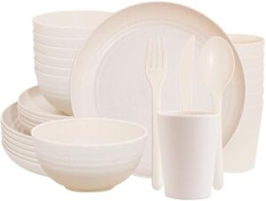 EI 42pcs Wheat Straw Dinnerware Set,Plates and Bowls Sets,Reuasble Plates,Unbreakable Dinner Plates for 6,Microwave Dishwasher Safe,College Dorm Room Essentials Dishes Sets-Bowls,Plates,Cups,Cutlery