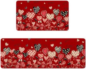 Eikunn Red Valentine's Day Kitchen Rugs Set of 2, XOXO Bowknot Kitchen Mat for Floor,Love Hearts Non-Slip Kitchen Sink Mats Kitchen Decor Doormat+Runner Rug