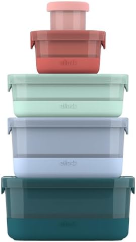 Ello Plastic Mixed Meal Prep 10Pc, 5 Pack Set- BPA Free Plastic Food Storage Containers with Silicone Boot and Airtight Plastic Lids, Dishwasher, Microwave, and Freezer Safe, Melon