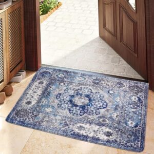 Ezuwail Runner Rug 2x3 ft Entryway Rug Bohemian Washable Runner Rugs with Non Slip Rubber Backing Vintage Area Rug Thin Carpet for Kitchen Laundry Room Bedroom(Blue, 2x3)