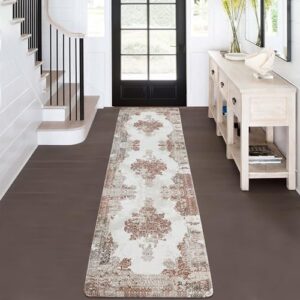 Ezuwail Runner Rug 2x8 ft Hallway Runner Rug Bohemian Washable Runner Rugs with Non Slip Rubber Backing Vintage Area Rug Thin Carpet for Kitchen Laundry Room Bedroom(Khaki, 2x8)