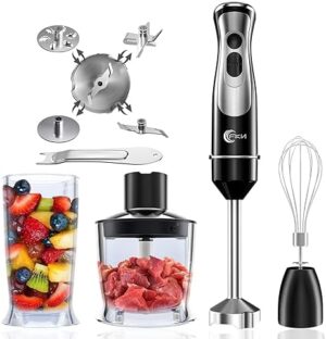 FKN Immersion Blender Handheld with 4 Interchangeable Blades,8 in 1 Hand Blender Electric with 500W Motor,8 Speed and Turbo Mode Handheld Blender Stick with 500ml Chopper,Mixing Beaker, and Whisk