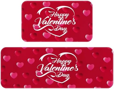 FRAMICS 2 Pcs Happy Valentine's Day Kitchen Rugs Set of 2, Red Love Heart Kitchen Mat Non Slip Washable, Absorbent Low Profile Kitchen Floor Mat for Valentine Home Decor, 17'' x 47'' + 17'' x 30''