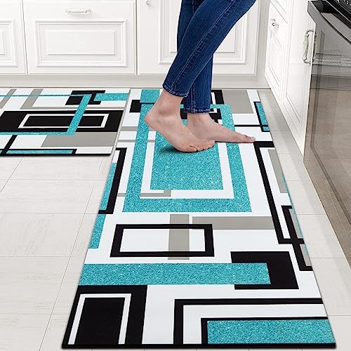 FRAMICS Anti Fatigue Kitchen Mats Set of 2, Non Slip Cushioned Kitchen Rug Sets, Washable Geometric Square Kitchen Runner Rugs for Home Office Laundry, 17'' x 47'' + 17'' x 30'' Abstract Art Patchwork