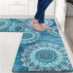 FRAMICS Kitchen Mats for Floor 2 Piece, Waterproof Kitchen Rugs Non Slip, Memory Foam Cushioned, Kitchen Rugs and Mats Comfort Mats, Floral Kitchen Rugs Set, Teal Kitchen Rugs 17.3"×30"+17.3"×47"