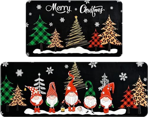 FRAMICS Merry Christmas Kitchen Rug Set of 2, Buffalo Plaid Tree Gnome Kitchen Rugs and Mats, Non Skid Washable Absorbent Kitchen Rugs for Home Laundry Bedroom, 17'' x 47''+ 17'' x 30'' Xmas Decor