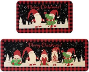 FRAMICS Merry Christmas Kitchen Rug Set of 2, Cute Gnomes Kitchen Mat with Non-slip Rubber Backing, Red Black Buffalo Check Plaid Kitchen Rugs and Mats Washable for Office Laundry 17 x 47+17 x 30 Inch