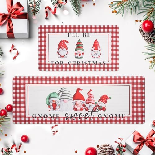 FRESHMINT Christmas Kitchen Mats for Floor 2 Piece Set Holiday Farmhouse Anti Fatigue Waterproof & Non-Skid Kitchen Rugs Cushioned Standing Washable Comfort Desk Kitchen Runners, Holiday Gnome