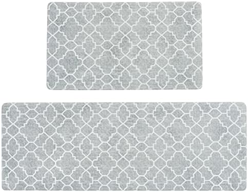 FRESHMINT Kitchen Mat Set of 2, Anti-Fatigue Cushioned Kitchen Mats for Floor, Waterproof Non Slip Comfort Standing Mat, Boho Kitchen Rug for Kitchen Decor, Sink, Office, 17"x30"+17"x47", Stone Gray