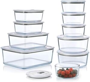 FineDine 20-Piece Glass Food Storage Container Set - 100% Leakproof, BPA-Free, and Oven Safe - Perfect for Meal Prep and On-the-Go (Grey)