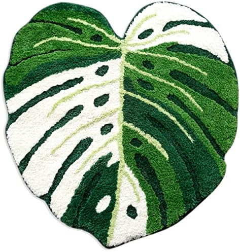 FrecklePot Albo Monstera Non Slip Bath Mat or Kitchen Tufted Rug | Plant Leaf Shaped Kids Pets Floor Mat Carpet, Green, 30" x 28"