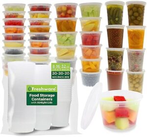 Freshware [60 Pack, 8, 16, 32 oz, 20 sets each size Food Storage Containers with Lids, Plastic Deli Containers, Meal Prep Containers, Microwave and Freezer Safe, Stackable, Leakproof, BPA Free, Clear