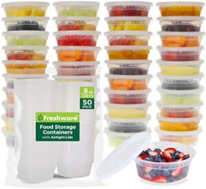 Freshware Food Storage Containers [50 Set] 8 oz Plastic Deli Containers with Lids, Slime, Soup, Meal Prep Containers | BPA Free | Stackable | Leakproof | Microwave/Dishwasher/Freezer Safe