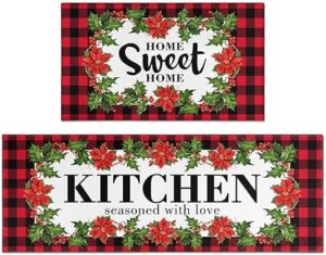 Fuoxowk Christmas Kitchen Rugs and Mats - Red Buffalo Plaid Christmas Rugs and Mats Non Skid Washable,Holiday Low Profile Floor Mat Merry Christmas Decorations for Home Kitchen,Home Sweet Home