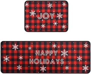 Fuoxowk Christmas Snowflake Kitchen Rug Set,Buffalo Plaid Xmas Winter Happy Holiday Joy Runner Rugs with Rubber Backing,Throw Rugs Washable for Kitchen Sink,Laundry Room,Standing Desk,Red