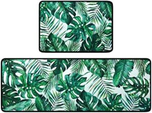 Fuoxowk Palm Tree Leaves Kitchen Rug Set,Summer Tropical Jungle Palm Sunday Pattern Runner Rugs with Rubber Backing,Throw Rugs Washable for Kitchen Sink,Laundry Room,Standing Desk,Spring Summer Rugs