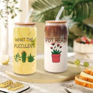 Gardening Gifts for Women Men, Plant Lovers Lady Gardener Starter Gift, Glass Cup Mug Tumbler Present with Straw & Bamboo Lid, Funny Crazy Wine Cactus Glasses - What the Fucculent - Pot Head - 18oz