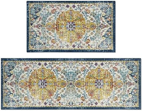 Ghroiep 2 Piece Boho Kitchen Decor Rug Set, Vintage Bohemian Floral Rug for Kitchen Laundry Bathroom, Non-Slip Washable Hallway Runner Floor Mat 17x30+17x47 Inch Yellow