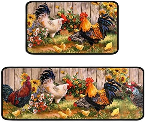 Ghroiep Rooster Rug 2 Piece Set Sunflower Decor Kitchen Floor Mat, Microfiber Washable Runner Farmhouse Chicken Decorations Mats,17"x47"+17"x30"