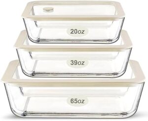 Glass Food Container Set with Glass Lid, Large Size 3 Pack, Glass Food Storage Containers with Silicone Framed Glass Lid, Glass Food Containers with Airtight Lids, Leakproof, 100% Plastic Free