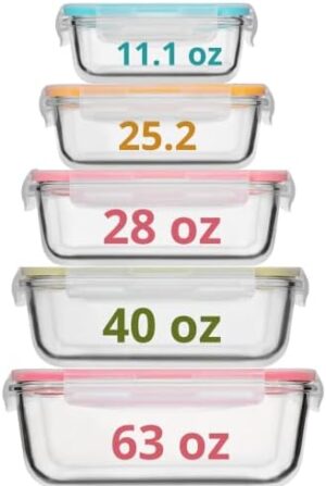 Glass Food Storage Containers 10 Pc, Airtight Glass Storage Containers with Lids, Glass Lunch Bento Boxes, Leak Proof BPA Free Glass Meal Prep Containers (5 lids, 5 Containers) Color Coordinating Lids