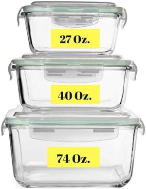 Glass Food Storage Containers with Lids 6 Piece Glass Meal Prep Containers, Airtight Glass Bento Boxes, BPA Free Leakproof Airtight Reusable Square Glass Container Set 3 lids & 3 Large Containers