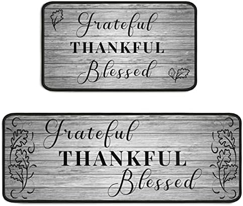 Grateful Thankful Blessed Kitchen Rugs Set of 2 Grey Non-Slip Kitchen Rug and Mat Cushioned Comfort Kitchen Standing Rug for Kitchen Floor Farmhouse Thanksgiving Decor 17"x47"+17"x30"